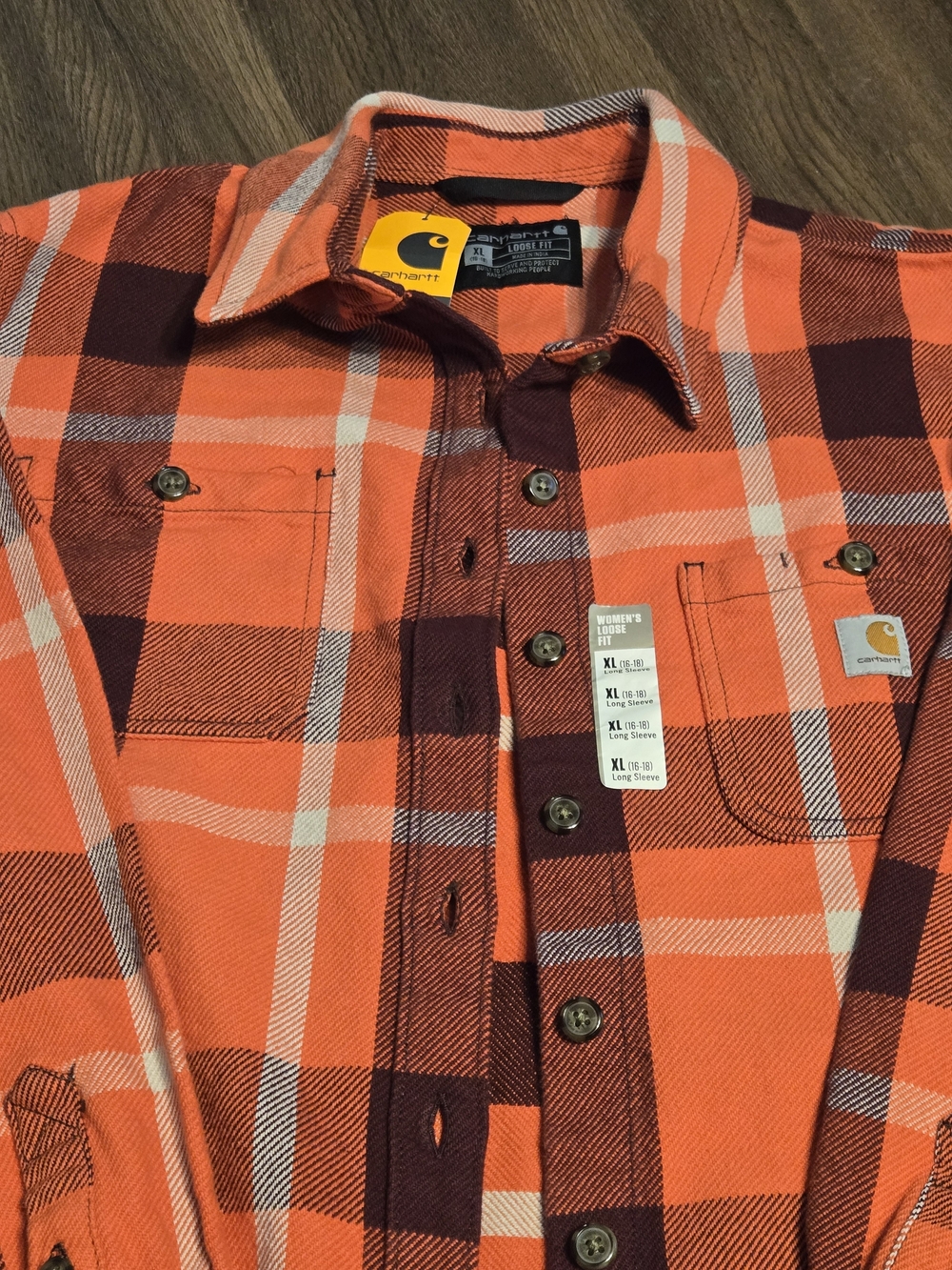 Carhartt Womens Orange Plaid Flannel Work Shirt NWT - Picture 2 of 8